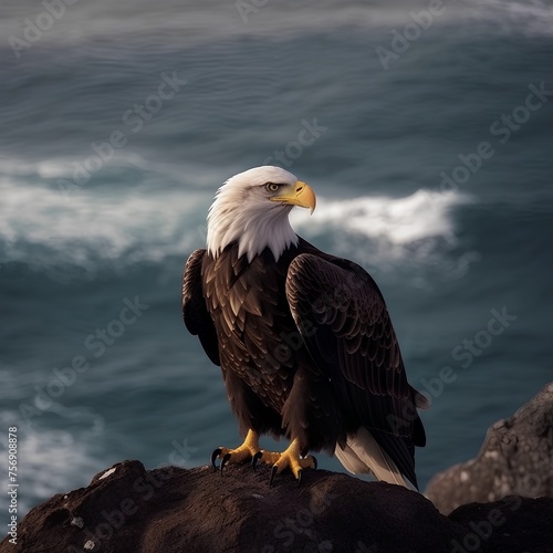 Bald Eagle sitting on a rock with the ocean in the background