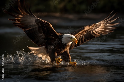 Bald Eagle splashing in the water with its wings spread. #756908889