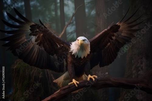Bald Eagle on a branch in the forest, 3d render