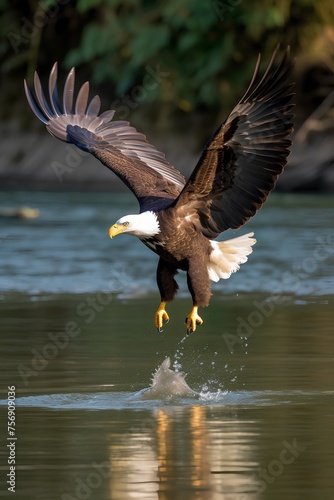Bald Eagle (Haliaeetus leucocephalus) fishing in a lake.