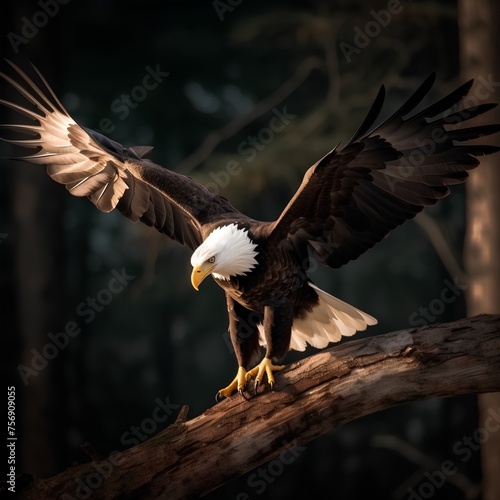 Bald Eagle in flight over a forest. 3d render. photo