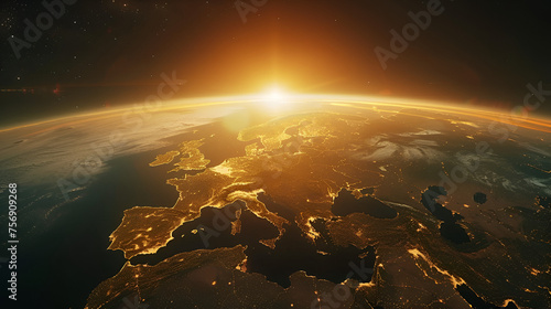 Planet Earth - Europe with Sunrise, High-Quality Illustration of Earth's Continent During Dawn, Environmental Concept, Generative AI

 photo