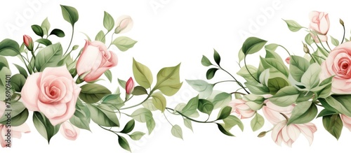 A beautiful row of pink roses with green leaves  showcasing the natural beauty of this flowering plant against a pristine white background