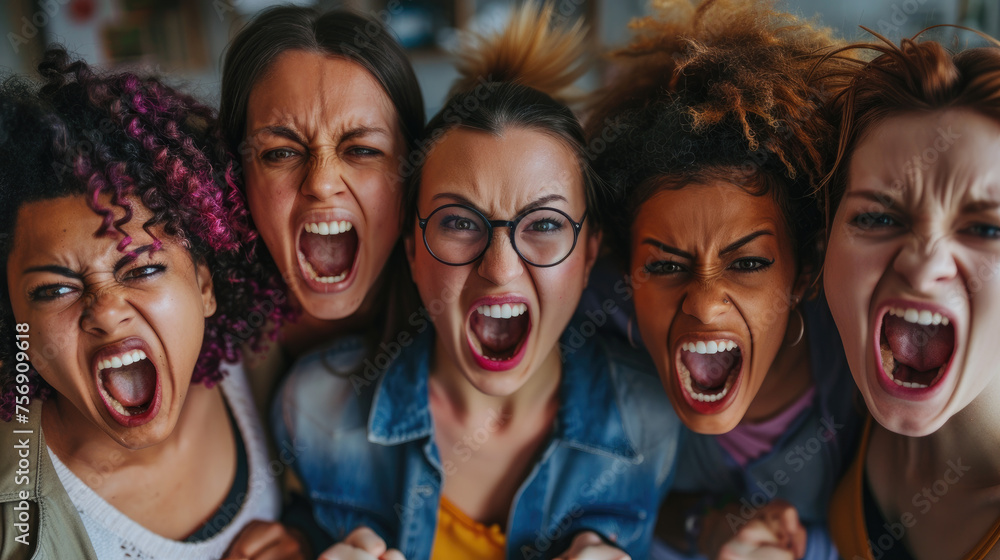 Group of furious angry women yelling looking at the camera