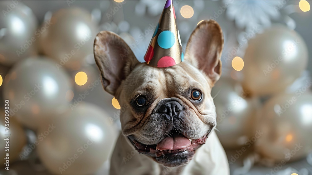 French bulldog wearing a party hat at a celebration, balloons in the background, cute pet, party concept