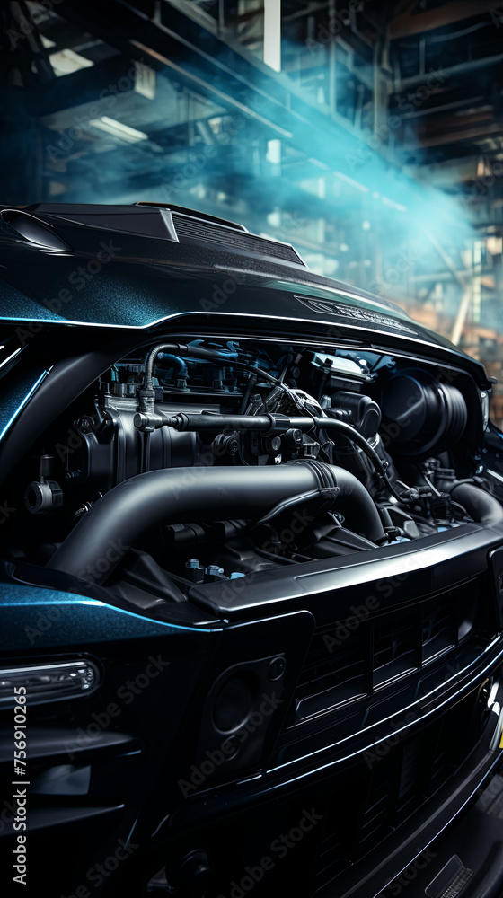 High-performance vehicle's customized intake manifold stands out under controlled, studio-lit conditions.