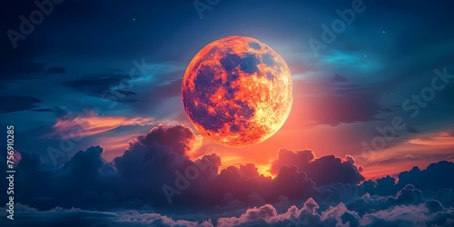 Dramatic night sky with swirling clouds and rising red moon. Concept Night Sky, Swirling Clouds, Red Moon, Dramatic Atmosphere