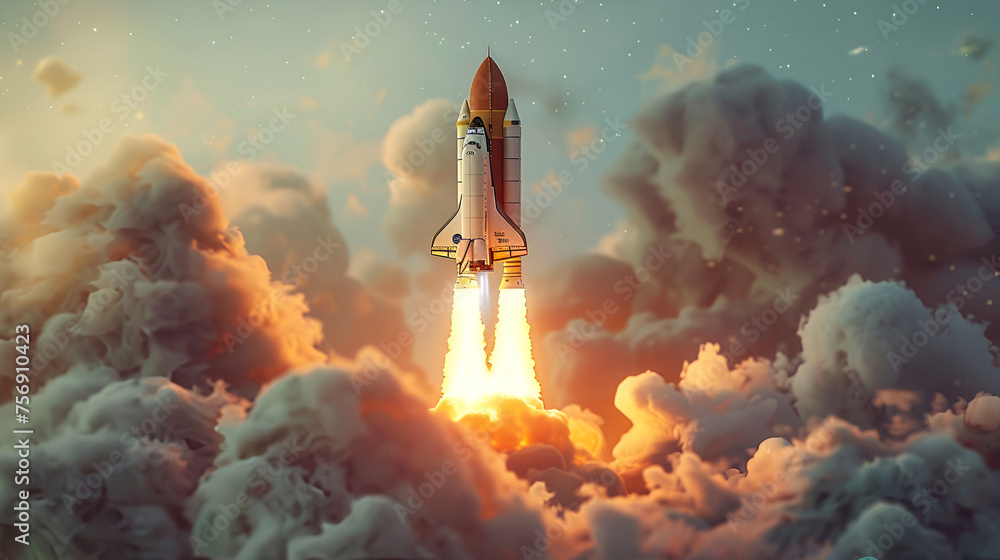 Rocket Carrying Space Shuttle Launches Off, 3D Illustration of Space Exploration, Aerospace Technology Concept, Mission to the Stars, Generative Ai

