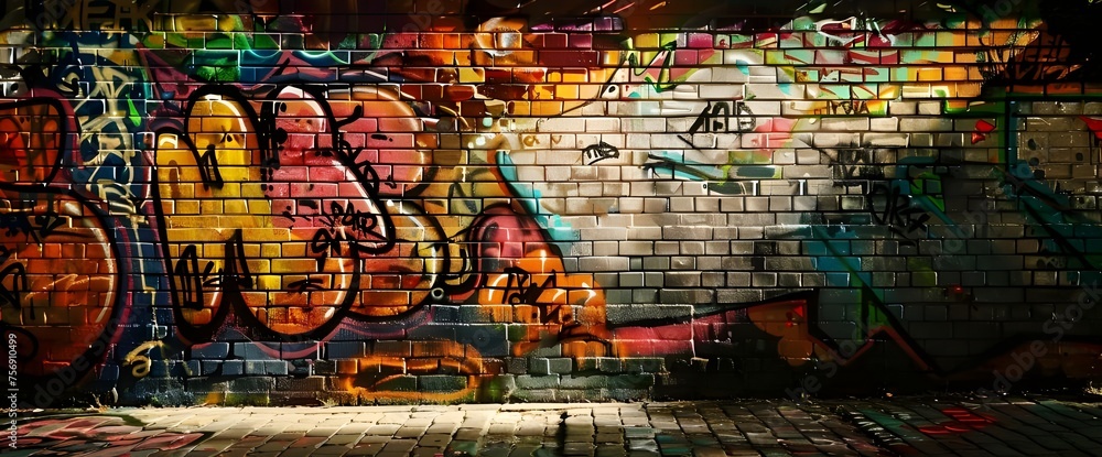 Fototapeta premium Aggressive Graffiti in Warm Colors Covers Brick Walls, Wall Art, Artwork, Generative AI