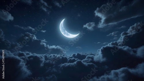 Crescent moon over the clouds, beautiful sky view.