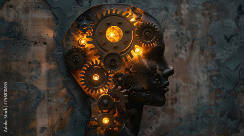 Silhouette Human Head with Gears Wheels, Concept of Creativity and Innovation, Brainstorming and Idea Generation, Mechanical Mind, Abstract Intelligence, Generative Ai

