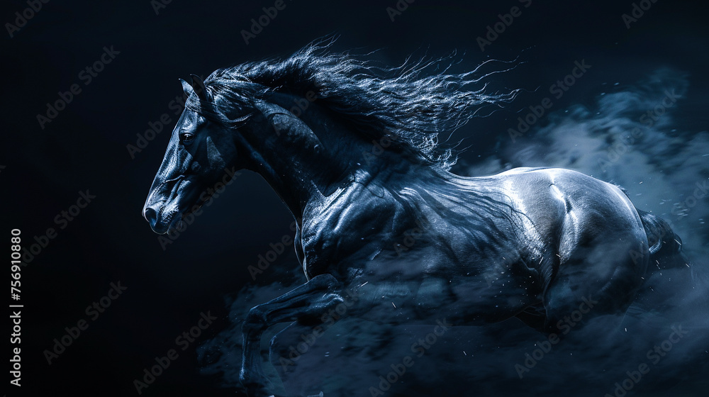 Photorealistic horse in spirited force against a pure black background with otherworldly glow and motion blur effect - obrazy, fototapety, plakaty 