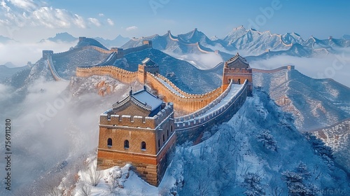 Tranquil scene of a tourist sitting and admiring the snow-covered Great Wall of China, surrounded by a serene, wintry landscape 