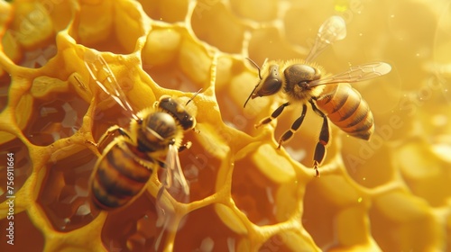 The honeycomb exuding a warm, golden glow as the bee flits from cell to cell, capturing the essence of nature's bounty and the bees' industriousness.