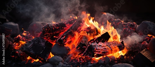 A large pile of coal is precariously stacked on top of a rocky surface, showcasing the contrast between the dark coal and the rugged rocks beneath it. The coal appears to be freshly mined and ready photo