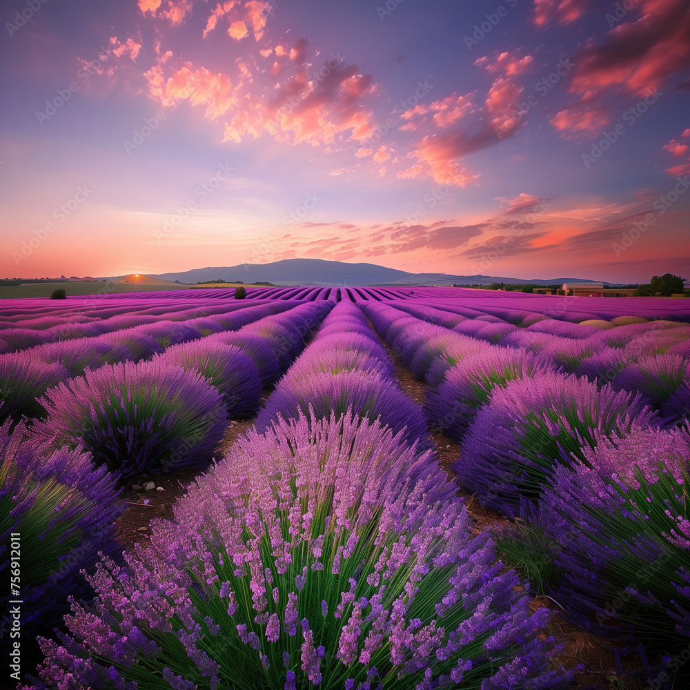 Obraz premium Lavender fields in France during summer, endless purple lavender under the summer sky, bringing the fragrance and colors of summer to the serene countryside.