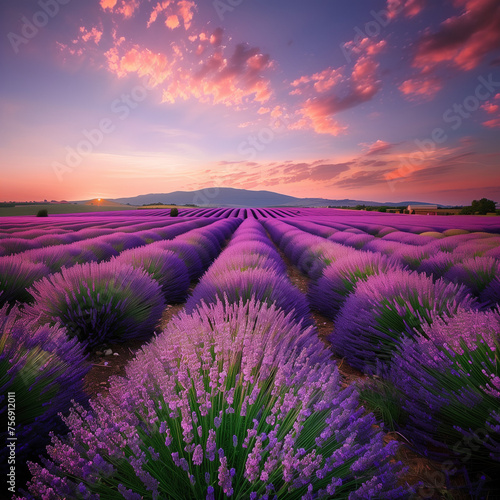 Lavender fields in France during summer, endless purple lavender under the summer sky, bringing the fragrance and colors of summer to the serene countryside.
