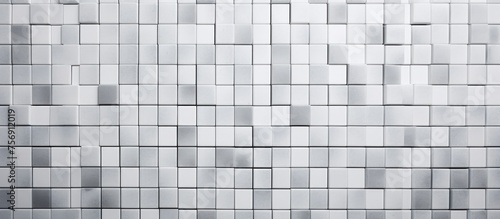 A composite material flooring with a grey rectangle pattern resembling a mosaic, creating symmetry. The facade features a font of wood and glass squares