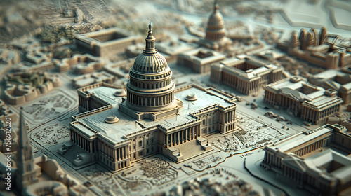 US Capitol Map, Washington DC, Navigation Guide for Tourists and Visitors, Landmark Location in United States, Travel and Tourism Concept, Generative Ai

