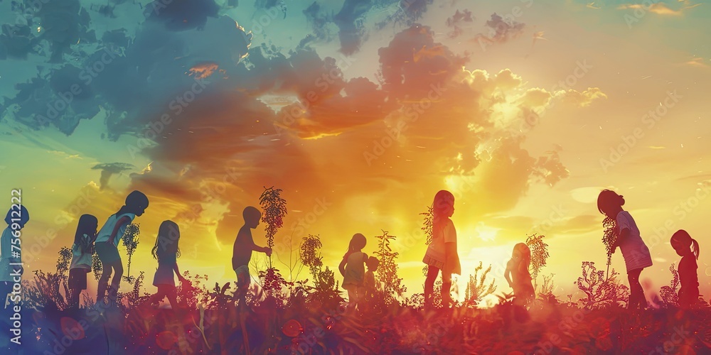 Children planting trees depict the right to a clean environment, against a hopeful sky, creating a vibrant image. Children planting trees depict the right to a clean environment, against a hopeful sky, creating a vibrant image.