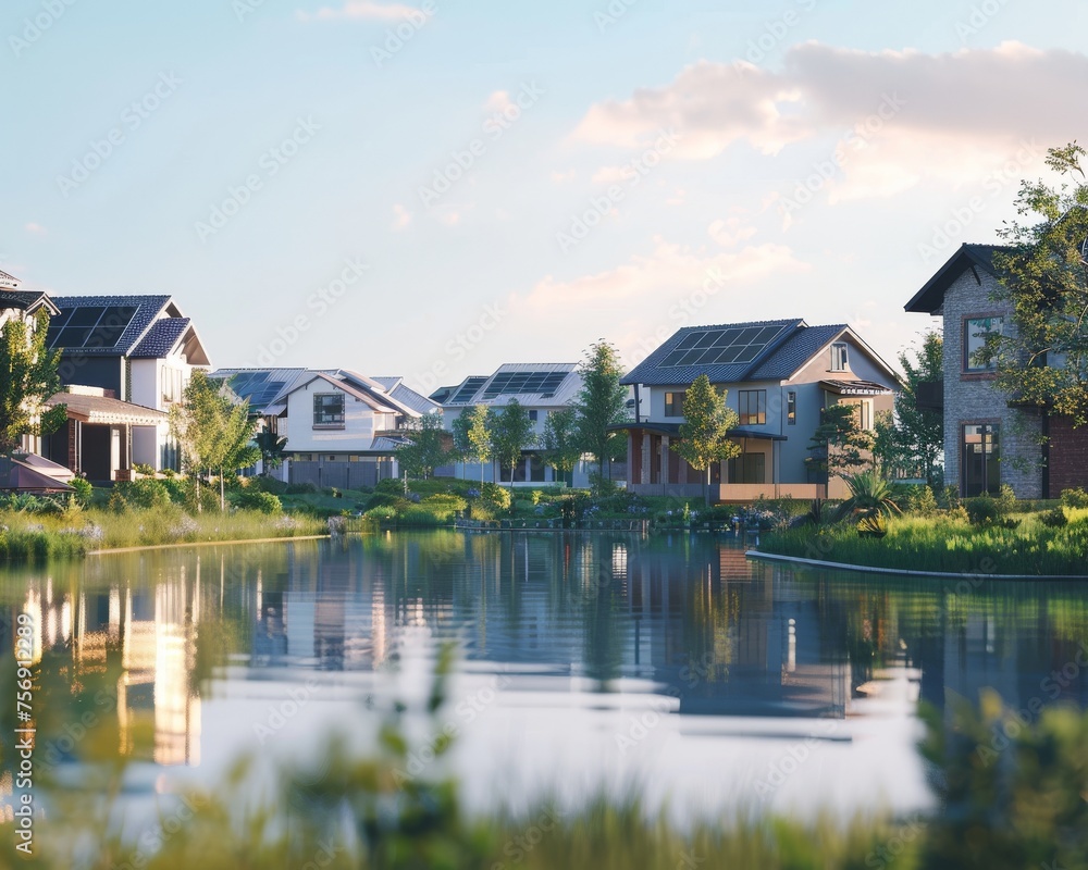 A serene depiction of a lakeside neighborhood each home equipped with eco friendly solar panels A serene depiction of a lakeside neighborhood each home equipped with eco friendly solar panels