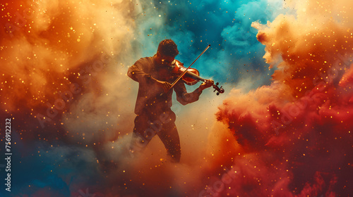Violinist Plays Violin in Cloud of Colorful Dust, Musical Performance with Vibrant Powder, Artistic Musician in Action, Creative Music Concept, Generative Ai