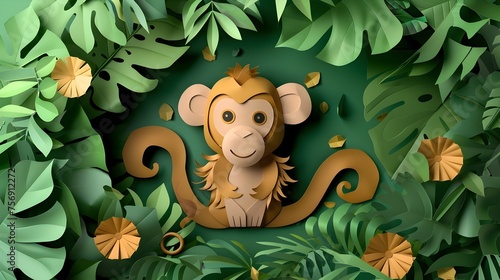Playful Monkey in Jungle Paper Cut Illustration  To add a touch of playful nature to any design project