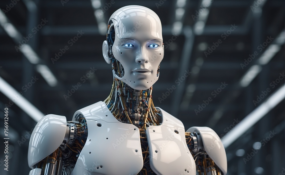 close-up face of AI Artificial Intelligence humanoid Robot with digital graphic Brain Engine inside on futuristic future digital technology background, technology robot concept.