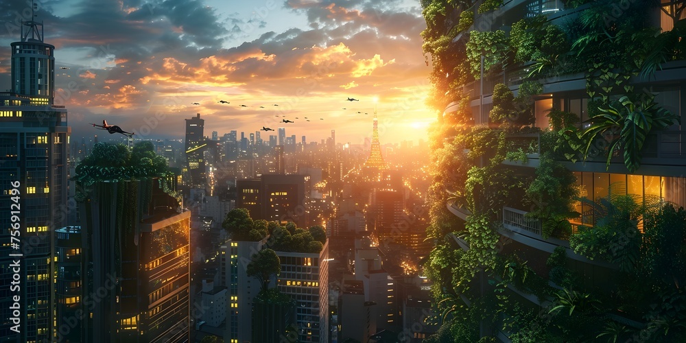 Post-Apocalyptic Futuristic City at Sunset with Greenery, To convey a message of growth, renewal and innovation in a futuristic urban setting
