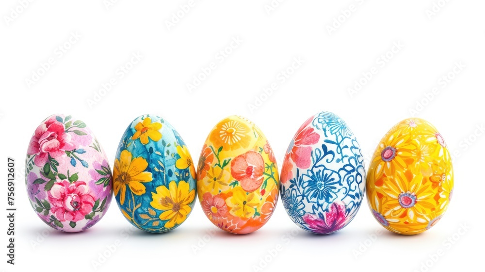 Colorful Easter eggs, each uniquely painted, pop against a simple white background, exuding festive charm. Colorful Easter eggs, each uniquely painted, pop against a simple white background, exuding festive charm.