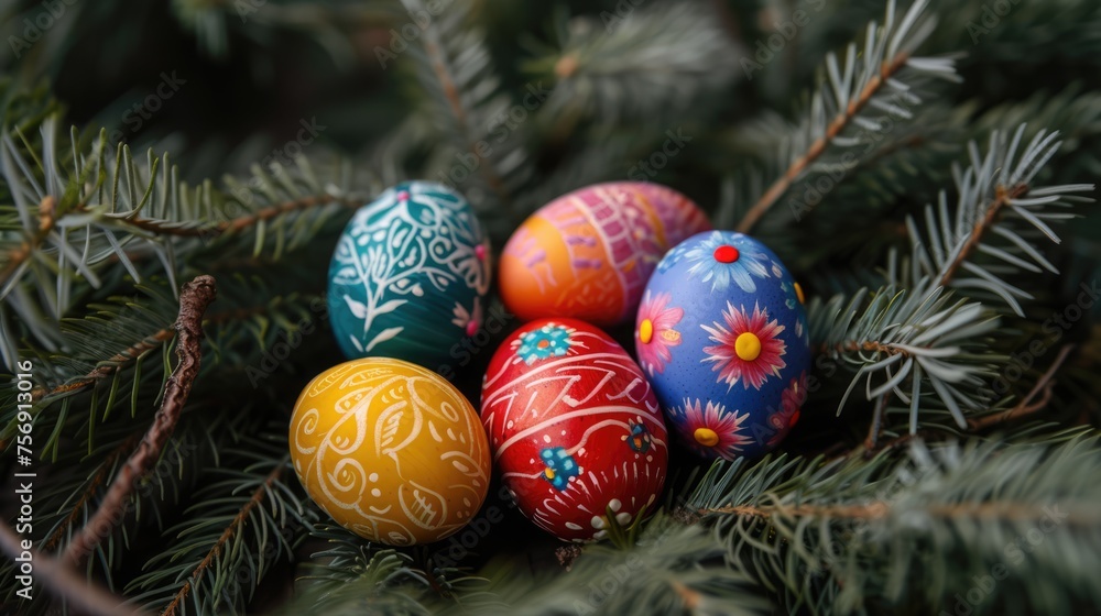 The playful colors and designs of painted Easter eggs nestled in a bed of green grass and vibrant flowers evoke the spirit of renewal and celebration. The playful colors and designs of painted Easter eggs nestled in a bed of green grass and vibrant flowers evoke the spirit of renewal and celebration.