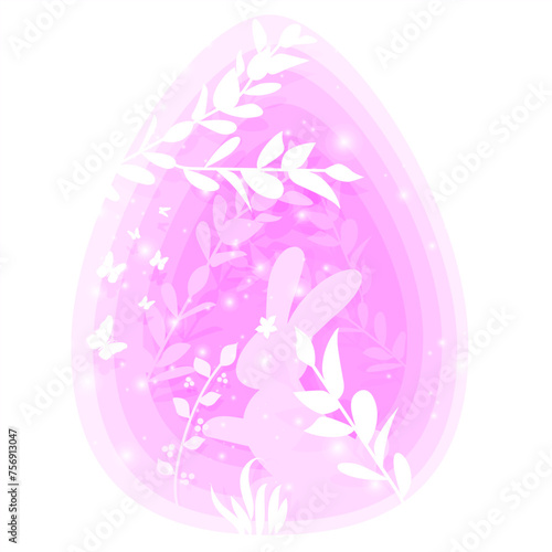 Vector illustration. Happy Easter holiday banner with layered cut out paper egg, bunny, flowers, butterflies. Design for holiday flyer, poster, greeting card, party invitation.