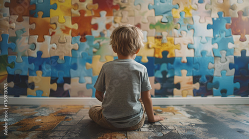 World Autism Awareness Day: Little Boy Sitting Before Puzzle Pieces, Understanding Neurodiversity and Acceptance, Support for Autism Community, Generative AI