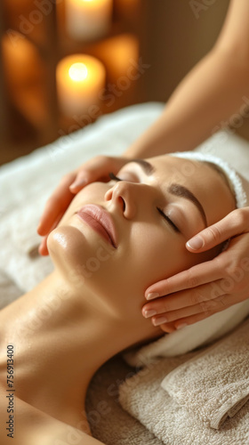 free space for title and Caucasian woman customer enjoying relaxing anti-stress spa massage and pampering with beauty skin recreation leisure in day light ambient salon spa at luxury resort or hotel. 