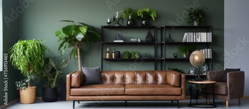 A living room in a house with green walls, hardwood flooring, and a large brown leather couch. A plant sits in the corner next to a wooden rectangle coffee table by the window