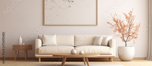 An interior designed living room with a grey studio couch, wooden table, vases, and a painting on the wall. The flooring is a grey rectangle wood floor