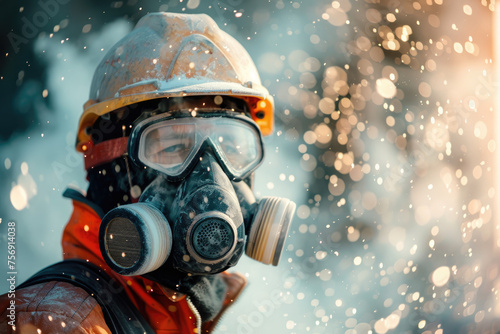 rofessional construction worker wearing a dust mask, surrounded by lot of floating particles of glass wool dust in a construction site