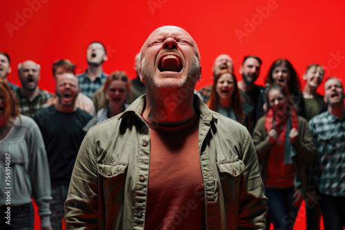 A bald man is in the center of an angry crowd. He has his hands on his chest and mouth open with anger. All faces around him have their eyes closed and look like they will attack at any moment