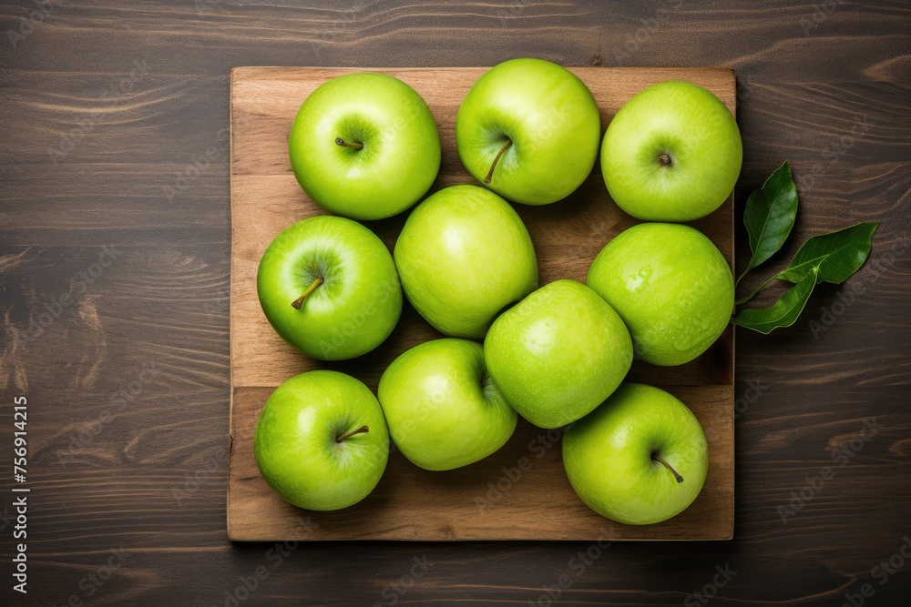 Green apples on a wooden table. Top view Green apples on a wooden table. Top view