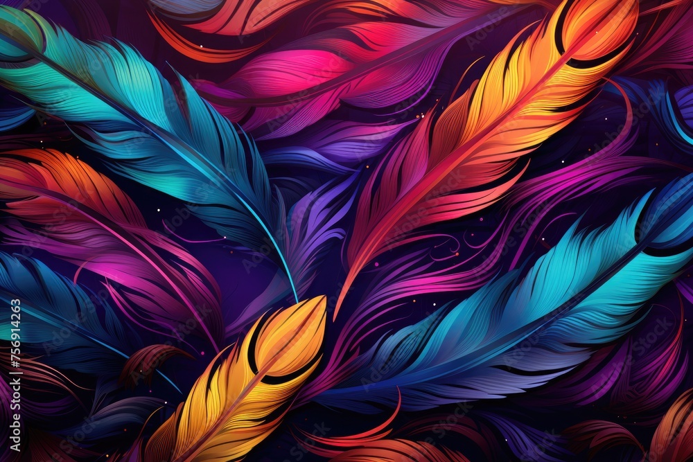 Colorful feathers on a dark background. Colorful feathers on a dark background.