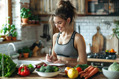 Smiling fitness woman in sportswear standing in kitchen and writing down healthy recipe or daily ration diet at home with fresh ingredients on table
