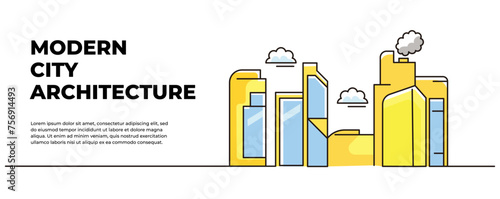 City buildings landscape vector illustration. Industrial area panorama. Modern flat in continuous line style.