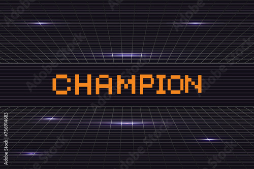 Pixel art 8-bit champion text on black background.