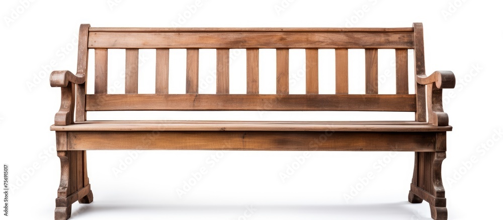 A wooden bench made of hardwood sits on a white surface in front of a window. The furniture is a rectangular shape with a wood stain finish, adding character to the building facade