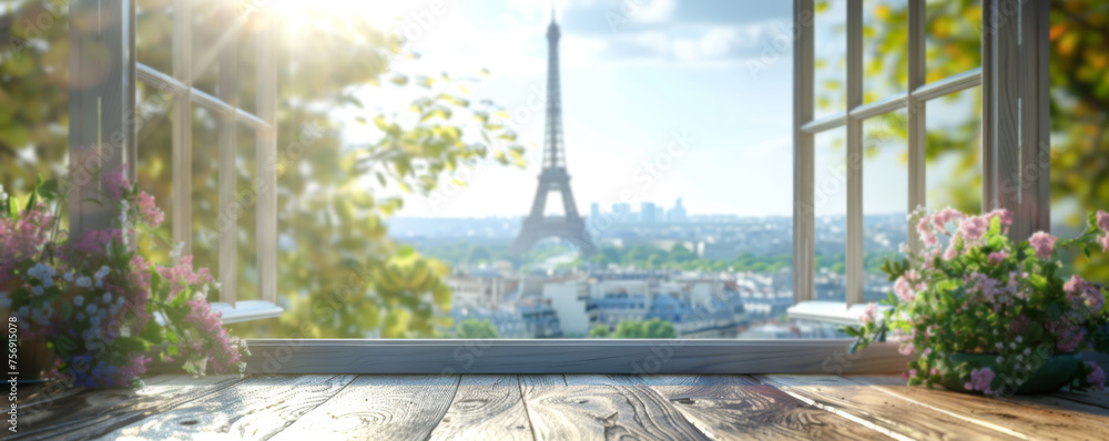 Fototapeta premium Beautiful scenery: empty white wooden table with Eiffel Tower view, blurred bokeh out of an open window, product display, defocus bokeh, blurred background with sunlight. product display template