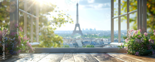 Beautiful scenery: empty white wooden table with Eiffel Tower view, blurred bokeh out of an open window, product display, defocus bokeh, blurred background with sunlight. product display template photo