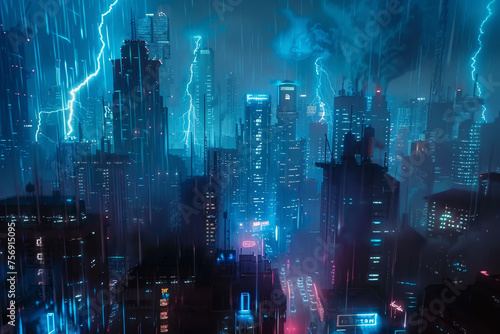 A city skyline at night, skyscrapers outlined by electric blue lightning bolts, rain-soaked streets reflecting the glow