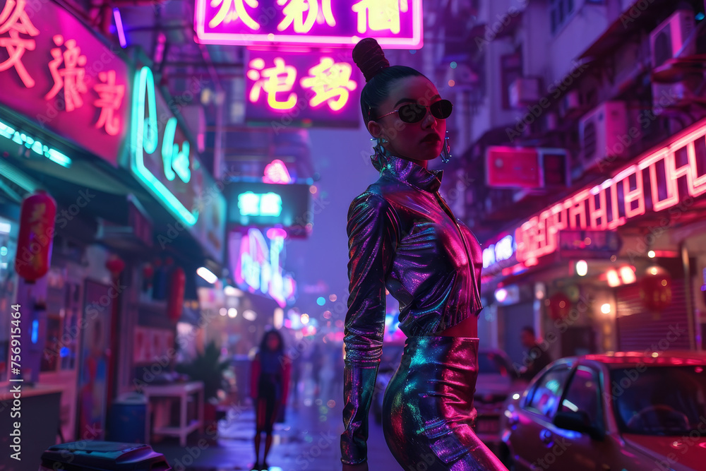A futuristic fashionista, wearing a sleek metallic jumpsuit, surrounded by neon lights in a cyberpunk cityscape