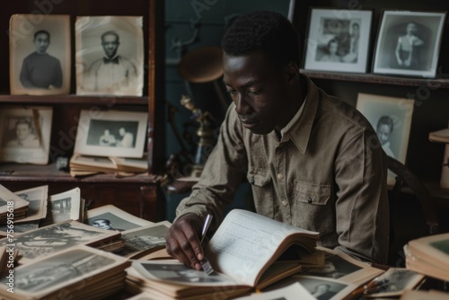 African American male researching genealogy with old photos and books.