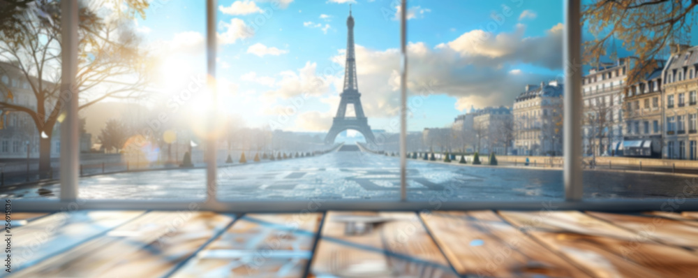 Fototapeta premium Beautiful scenery: empty white wooden table with Eiffel Tower view, blurred bokeh out of an open window, product display, defocus bokeh, blurred background with sunlight. product display template